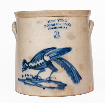 3 Gal. NEW YORK STONEWARE CO. / FORT EDWARD, NY Stoneware Crock w/ Elaborate Bird