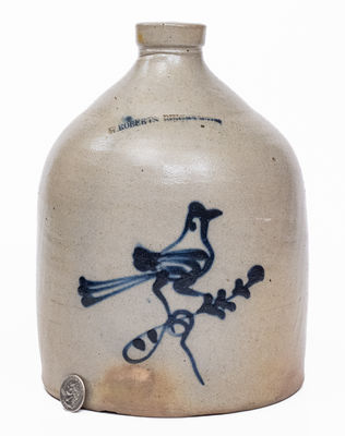 1 Gal. W. ROBERTS BINGHAMTON Stoneware Jug w/ Slip-Trailed Bird Decoration