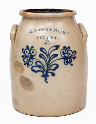 Rare 3 Gal. THOMPSON & TYLER / TROY, NY Stoneware Jar w/ Slip-Trailed Decoration