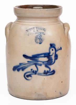 6 Quart WEST TROY / NY / POTTERY Stoneware Lidded Jar w/ Bird Decoration