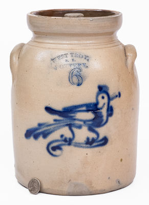 6 Quart WEST TROY / NY / POTTERY Stoneware Lidded Jar w/ Bird Decoration