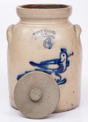 6 Quart WEST TROY / NY / POTTERY Stoneware Lidded Jar w/ Bird Decoration