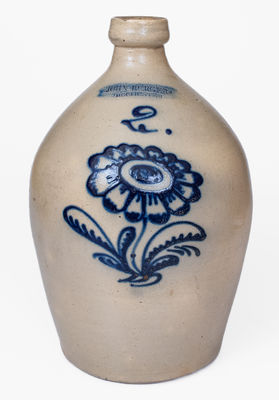 2 Gal. JOHN BURGER / ROCHESTER Stoneware Jug w/ Floral Decoration