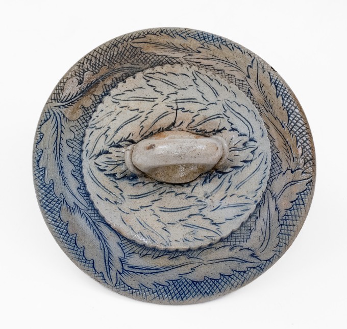 Very Fine Anna Pottery Stoneware Lid with Incised Leaves