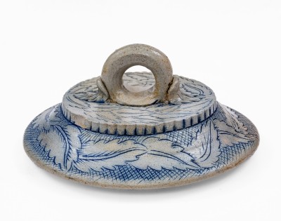 Very Fine Anna Pottery Stoneware Lid with Incised Leaves