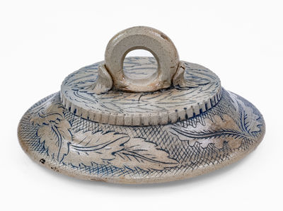 Exceptional Anna Pottery Stoneware Lid w/ Elaborate Incised Decoration, c1880