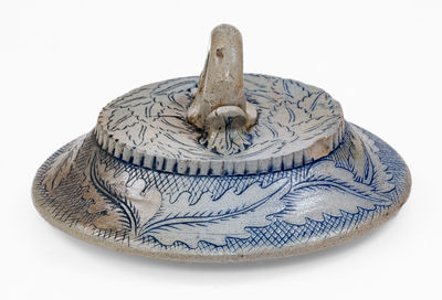 Exceptional Anna Pottery Stoneware Lid w/ Elaborate Incised Decoration, c1880
