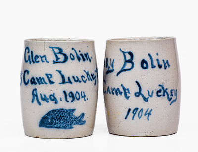 Rare Pair of Camp Lucky / 1904 Ohio Stoneware Mugs w/ Fish Decoration, probably Zanesville