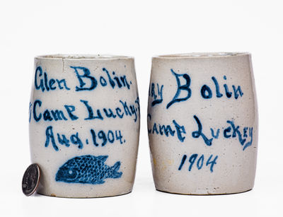 Rare Pair of Camp Lucky / 1904 Ohio Stoneware Mugs w/ Fish Decoration, probably Zanesville