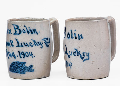 Rare Pair of Camp Lucky / 1904 Ohio Stoneware Mugs w/ Fish Decoration, probably Zanesville