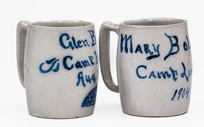 Rare Pair of Camp Lucky / 1904 Ohio Stoneware Mugs w/ Fish Decoration, probably Zanesville