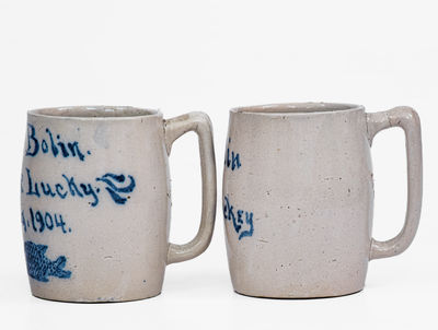 Rare Pair of Camp Lucky / 1904 Ohio Stoneware Mugs w/ Fish Decoration, probably Zanesville