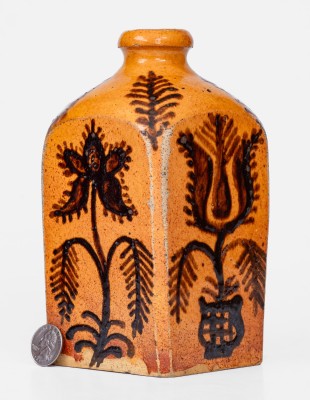 Rare Redware Tea Canister with Elaborate Floral Decoration, Solomon Miller, 1844