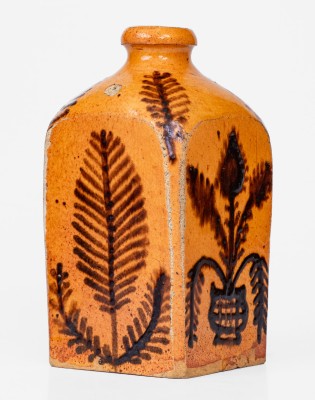 Rare Redware Tea Canister with Elaborate Floral Decoration, Solomon Miller, 1844