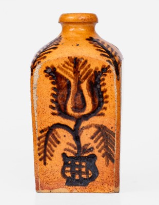 Rare Redware Tea Canister with Elaborate Floral Decoration, Solomon Miller, 1844