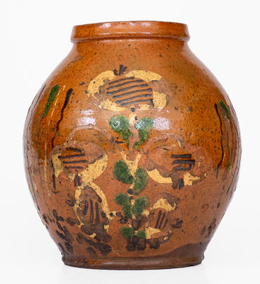 Rare Pennsylvania Redware Jar w/ Elaborate Three-Color Slip Floral Decoration