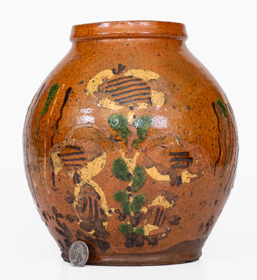 Rare Pennsylvania Redware Jar w/ Elaborate Three-Color Slip Floral Decoration