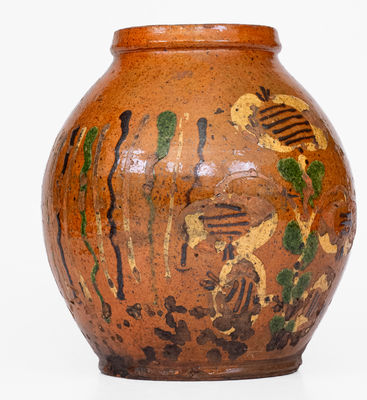 Rare Pennsylvania Redware Jar w/ Elaborate Three-Color Slip Floral Decoration
