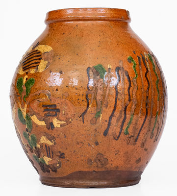 Rare Pennsylvania Redware Jar w/ Elaborate Three-Color Slip Floral Decoration