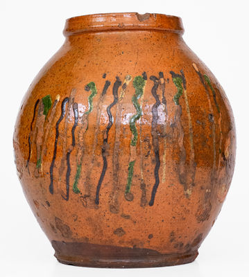Rare Pennsylvania Redware Jar w/ Elaborate Three-Color Slip Floral Decoration