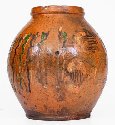 Rare Pennsylvania Redware Jar w/ Elaborate Three-Color Slip Floral Decoration