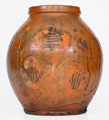 Rare Pennsylvania Redware Jar w/ Elaborate Three-Color Slip Floral Decoration