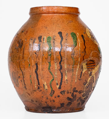 Rare Pennsylvania Redware Jar w/ Elaborate Three-Color Slip Floral Decoration