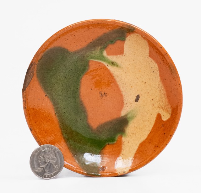 Fine Small-Sized Redware Plate with Green and Yellow Slip Decoration