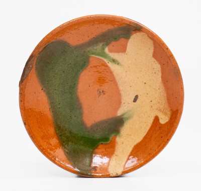 Fine Small-Sized Redware Plate with Green and Yellow Slip Decoration