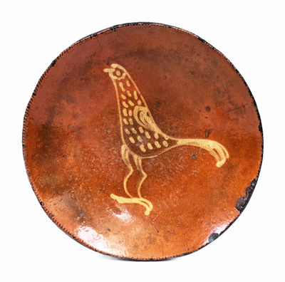 Matawan, NJ Redware Plate w/ Yellow-Slip Bird Decoration