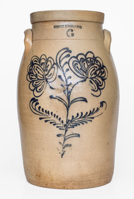 6 Gal. WHITES BINGHAMTON Stoneware Churn w/ Elaborate Floral Decoration