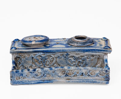 Elaborate Westerwald, German Stoneware Inkstand w/ Bird and Heart Motifs, 18th or 19th century
