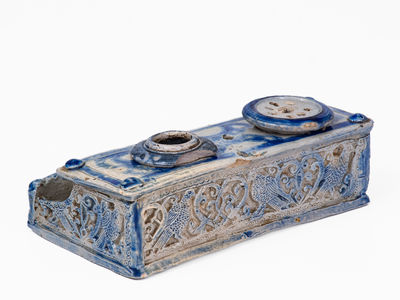 Elaborate Westerwald, German Stoneware Inkstand w/ Bird and Heart Motifs, 18th or 19th century