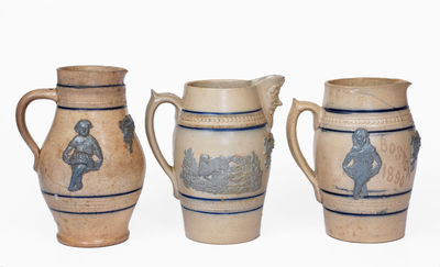 Lot of Three: Whites Utica Stoneware Pitcher w/ Applied Molded Decorations, c1890