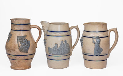 Lot of Three: Whites Utica Stoneware Pitcher w/ Applied Molded Decorations, c1890