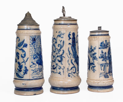 Lot of Three: Whites Utica Stoneware Steins incl. Elaborate Two-Color Example