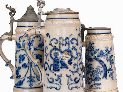 Lot of Three: Whites Utica Stoneware Steins incl. Elaborate Two-Color Example