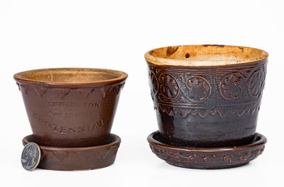Lot of Two: Small-Sized Stoneware Flowerpots, one BENNINGTON. / Aug 16 1877 / CENTENNIAL