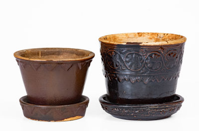 Lot of Two: Small-Sized Stoneware Flowerpots, one BENNINGTON. / Aug 16 1877 / CENTENNIAL