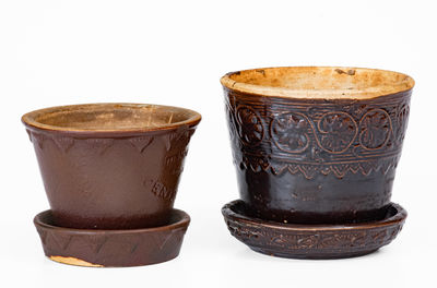 Lot of Two: Small-Sized Stoneware Flowerpots, one BENNINGTON. / Aug 16 1877 / CENTENNIAL