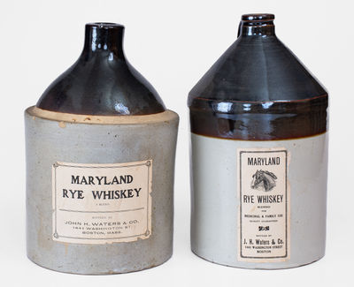 Lot of Two: Unusual Brown & White Stoneware Jugs w/ MARYLAND RYE WHISKEY Paper Labels