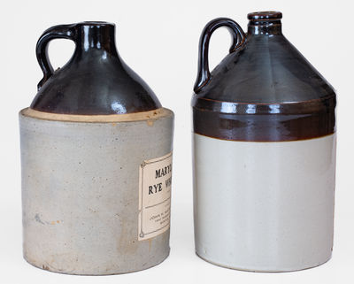 Lot of Two: Unusual Brown & White Stoneware Jugs w/ MARYLAND RYE WHISKEY Paper Labels