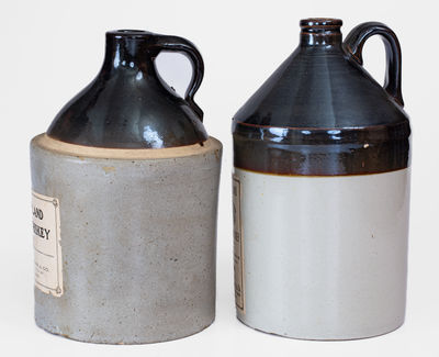 Lot of Two: Unusual Brown & White Stoneware Jugs w/ MARYLAND RYE WHISKEY Paper Labels
