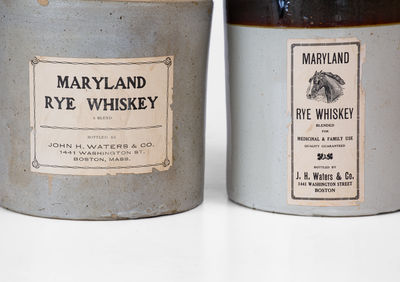 Lot of Two: Unusual Brown & White Stoneware Jugs w/ MARYLAND RYE WHISKEY Paper Labels