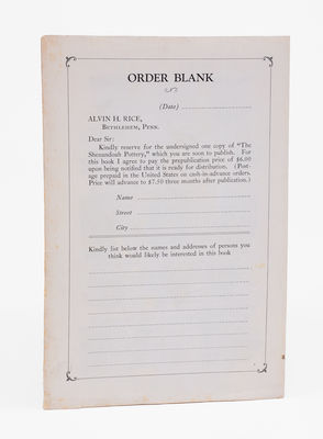 Lot of Two: J. M. HICKERSON / STRASBURG Stoneware Jug, Rare Rice & Stout Book Order Form