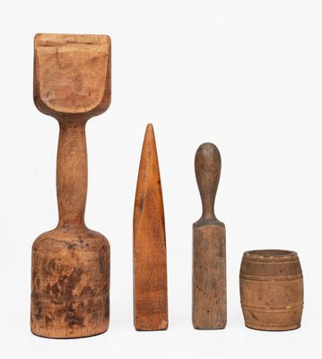 Lot of Four: Norton Pottery Objects incl. Wooden Potter s Tools and Labeled Ceramic Barrel