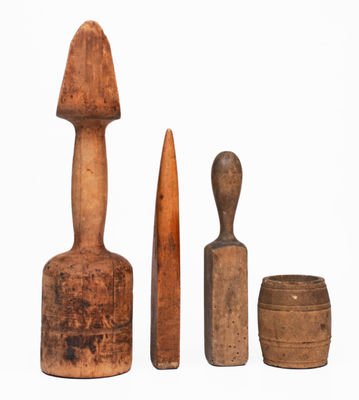 Lot of Four: Norton Pottery Objects incl. Wooden Potter s Tools and Labeled Ceramic Barrel