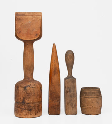 Lot of Four: Norton Pottery Objects incl. Wooden Potter s Tools and Labeled Ceramic Barrel