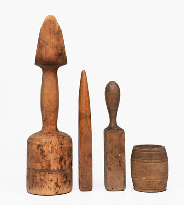 Lot of Four: Norton Pottery Objects incl. Wooden Potter s Tools and Labeled Ceramic Barrel