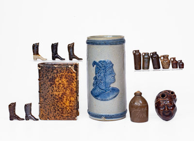 Assorted Stoneware Objects incl. Miniature Jugs, Boots, and Norton July 4, 1876 Centennial Jug
